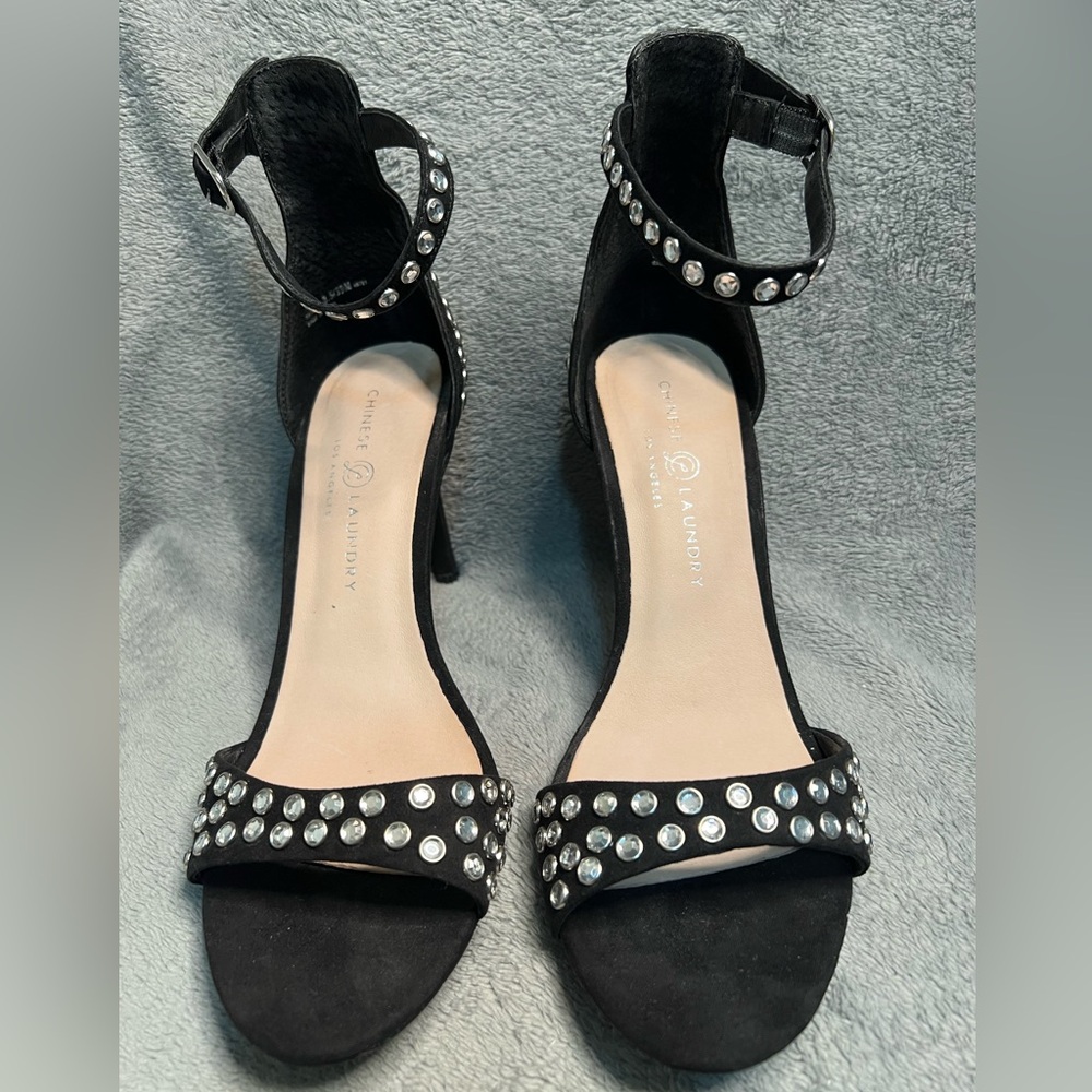 Chinese Laundry Stiletto Heels Sandal US 8.5 Black Silver Ankle Strap Rhinestone